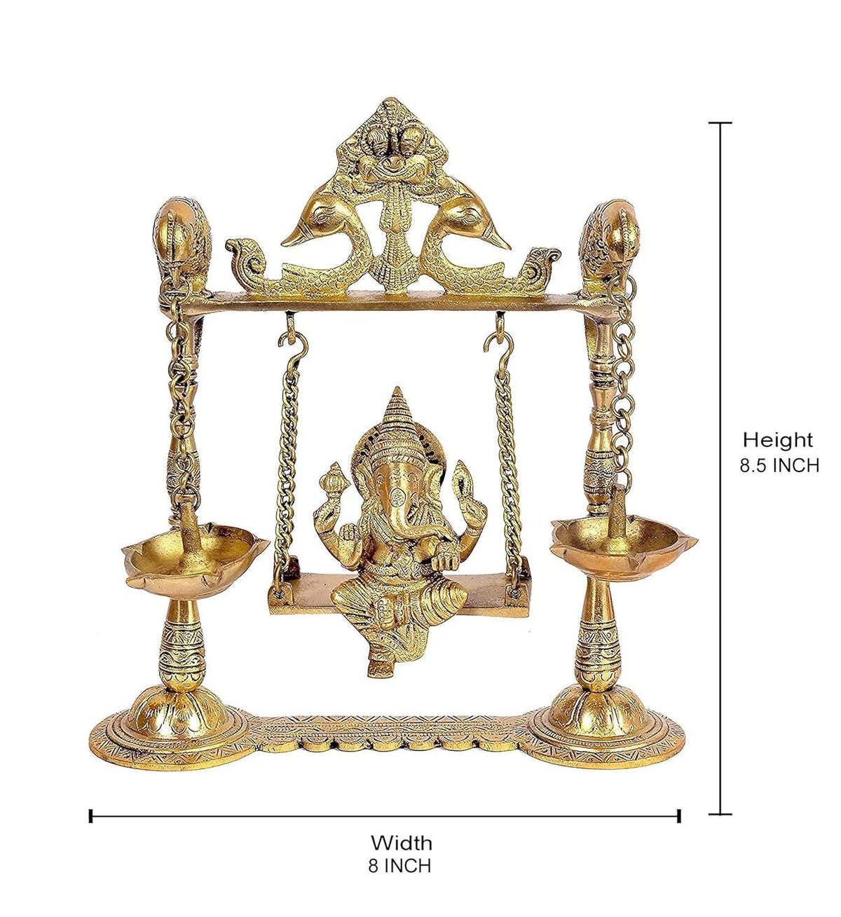 Brass Ganesha on a Swing with Two Parrots for Home Decor - 8.5 Inches-ArtyCraftz.com