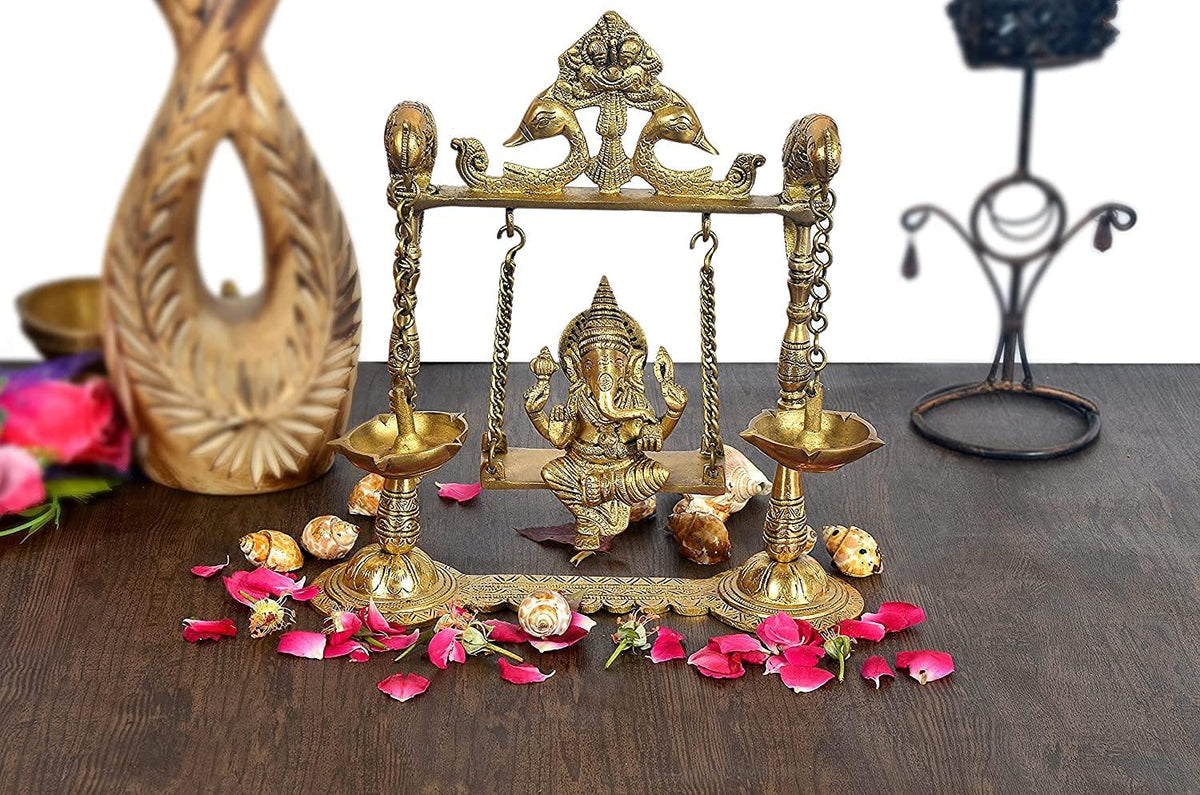 Brass Ganesha on a Swing with Two Parrots for Home Decor - 8.5 Inches-ArtyCraftz.com