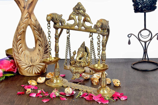Brass Ganesha on a Swing with Two Parrots for Home Decor - 8.5 Inches-ArtyCraftz.com