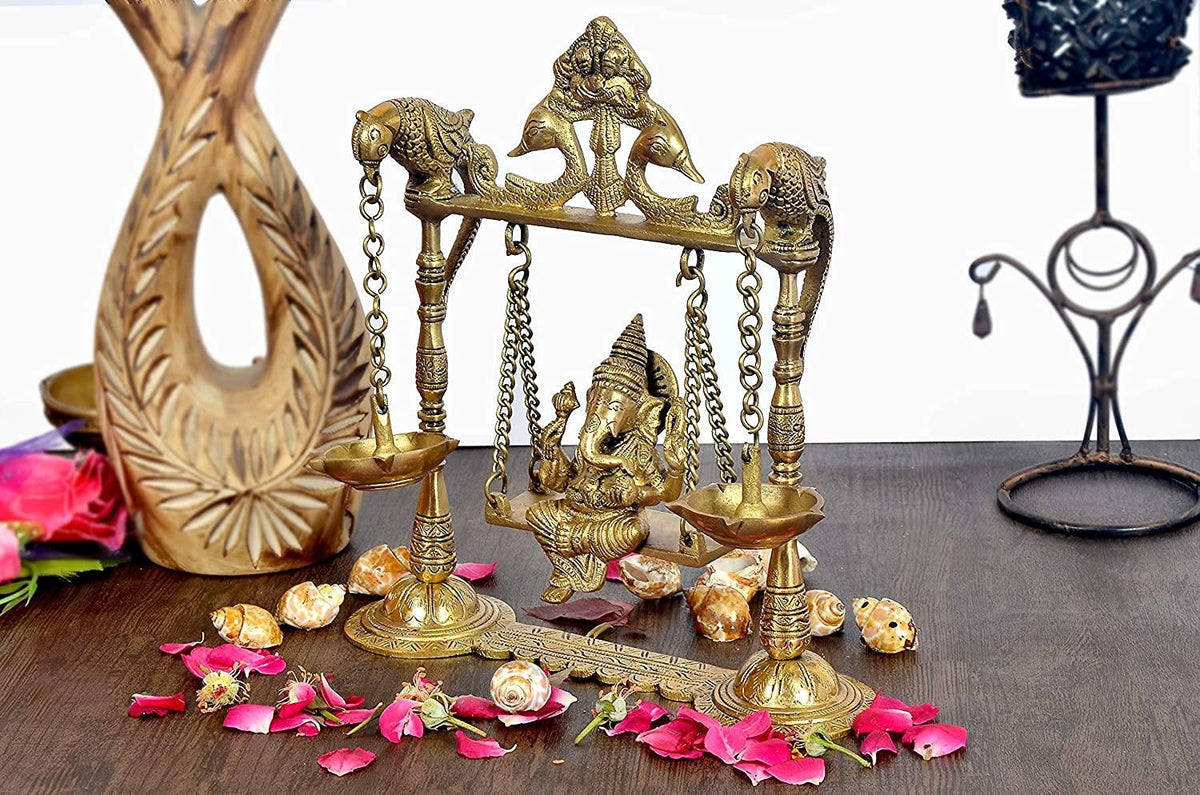 Brass Ganesha on a Swing with Two Parrots for Home Decor - 8.5 Inches-ArtyCraftz.com