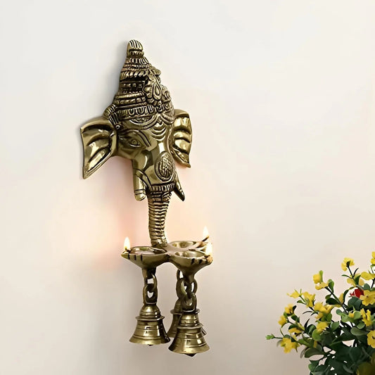 Brass Ganesh Wall Hanging Lamp with 3 Diya & 3 Bells-ArtyCrafz.com