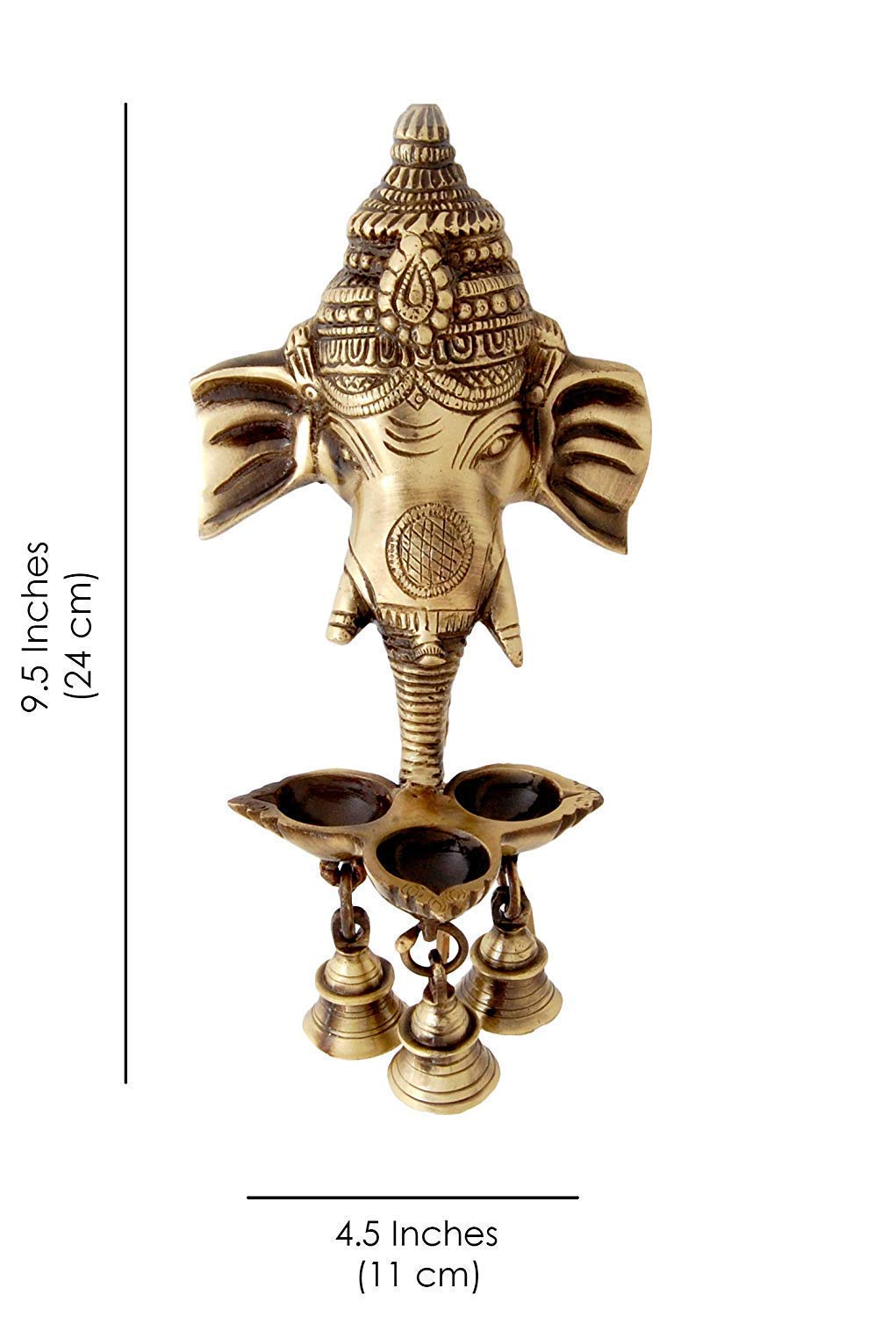 Brass Ganesh Wall Hanging Lamp with 3 Diya & 3 Bells-ArtyCrafz.com