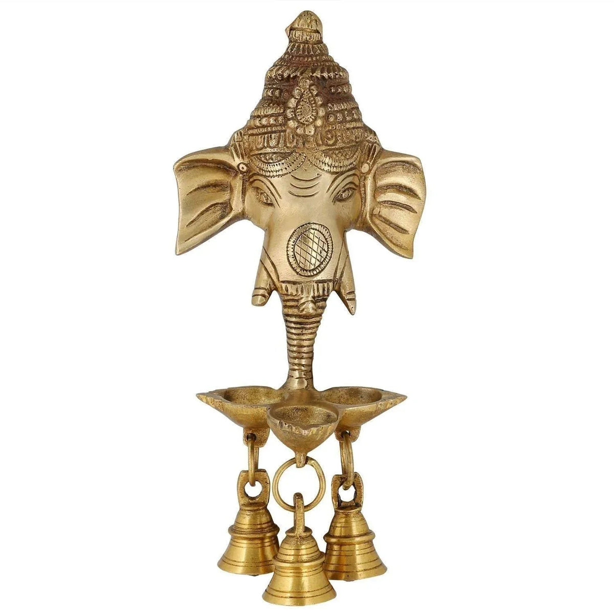 Brass Ganesh Wall Hanging Lamp with 3 Diya & 3 Bells-ArtyCrafz.com