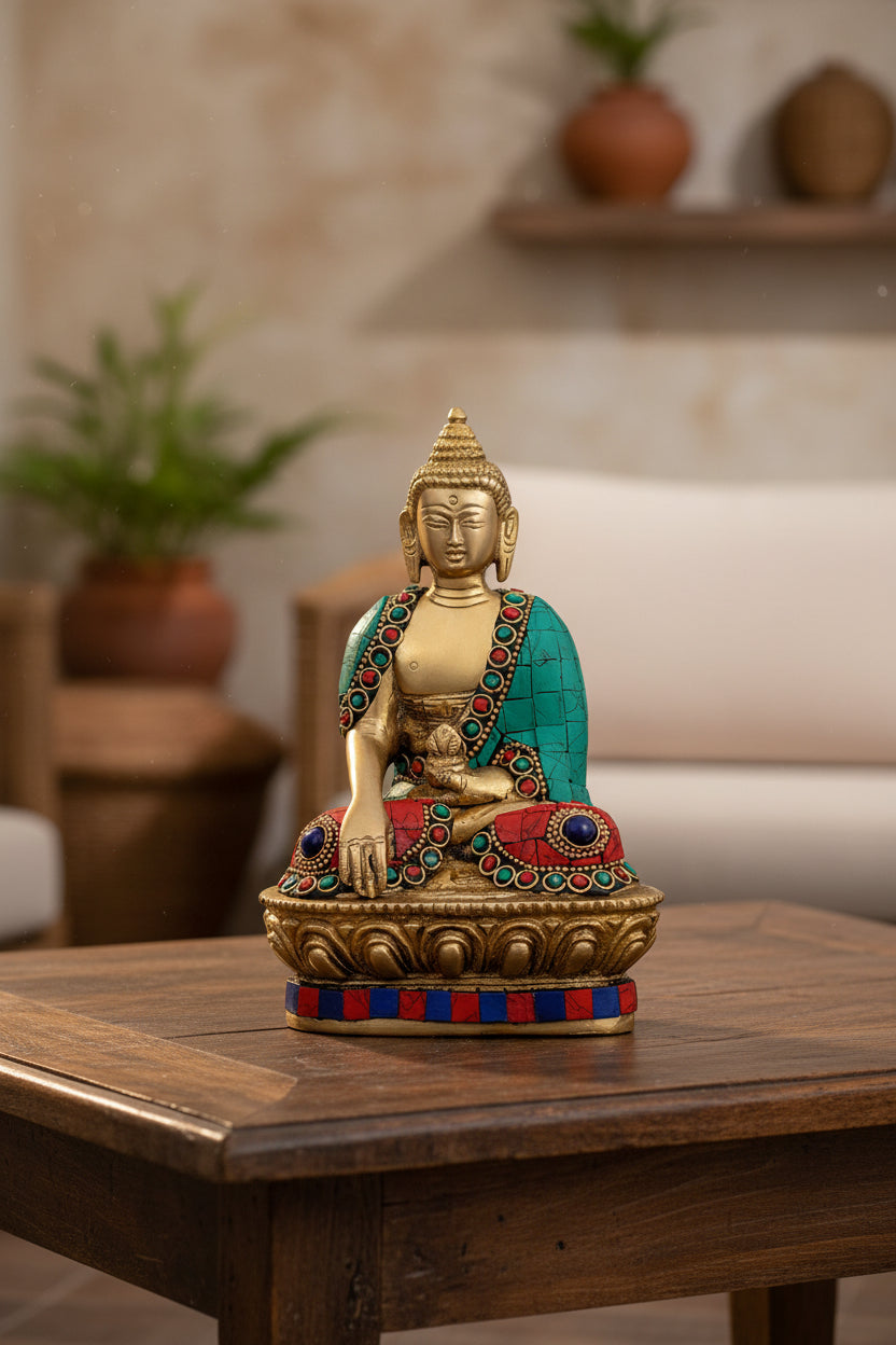 Seated Buddha brass statue with gold-tone and multicolour decorative detailing - ArtyCraftz.com