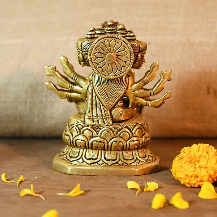 Brass Goddess Gayatri Maa Sitting on Lotus Idol Back View