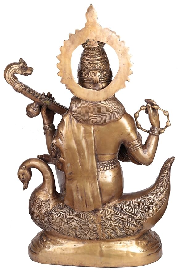 Brass Goddess Saraswati with Veena Siting on Swan Statue-ArtyCraftz.com