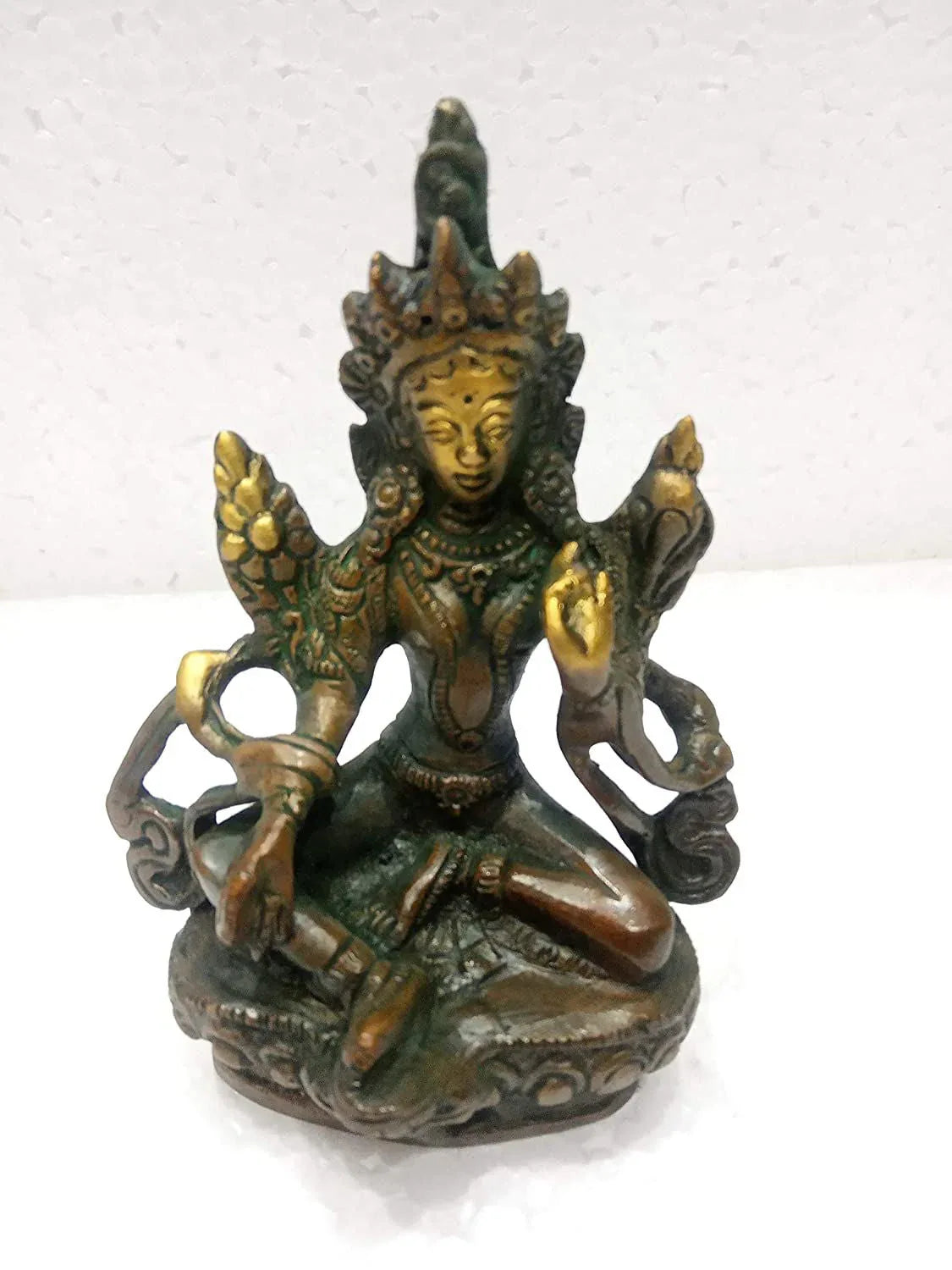Brass Goddess Tara Devi Sitting on Beautiful Pedestal Idol - ArtyCraftz.com