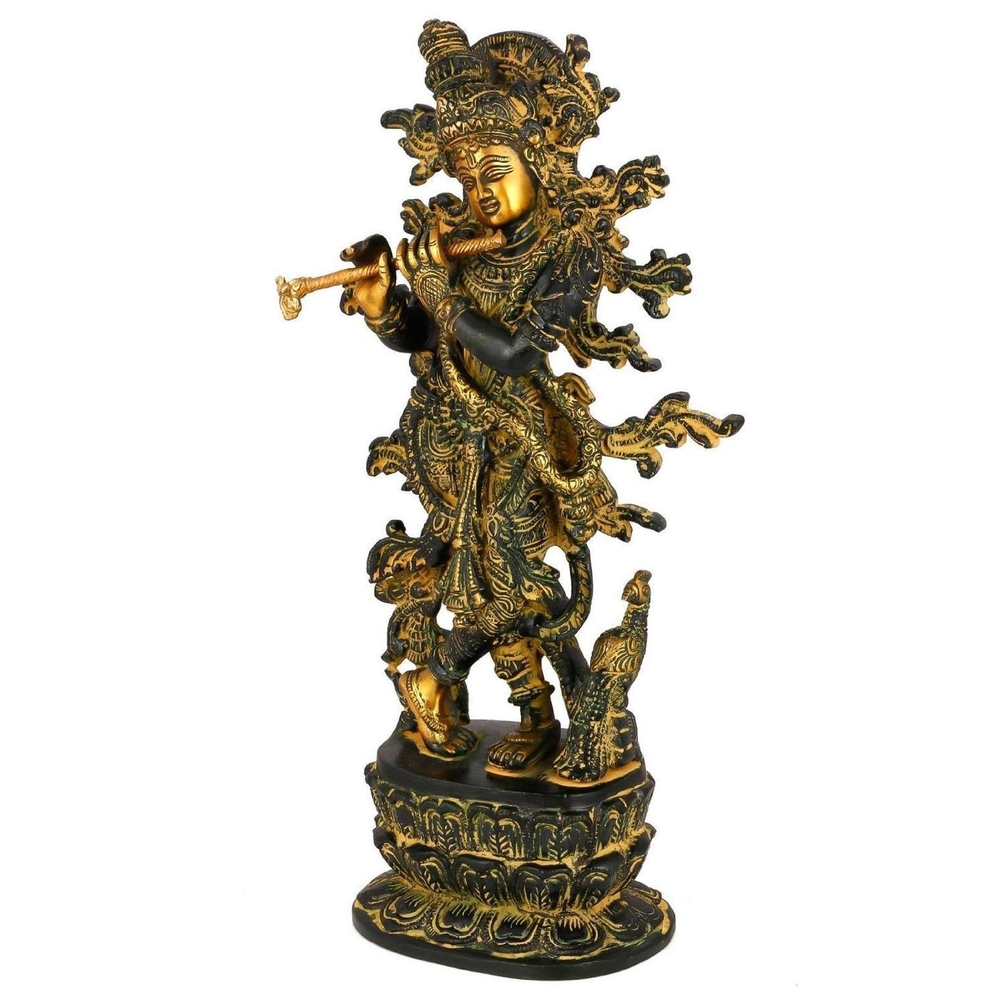 Brass Green Black Colored Krishna With Flute Idol