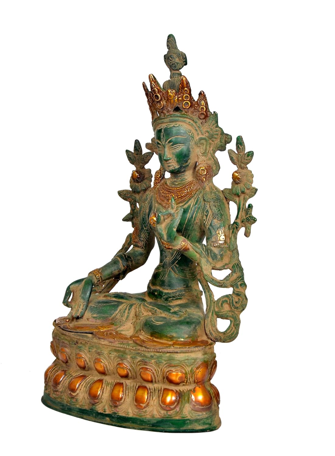 Brass Green Tara seated statue with antique green and gold finish and intricate decorative pedestal, 34 cm tall-artycraftz.com
