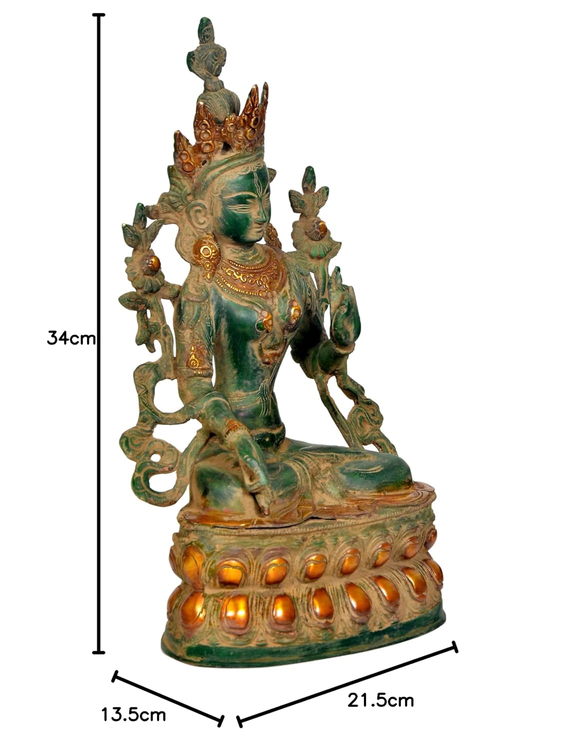 Brass Green Tara seated statue with antique green and gold finish and intricate decorative pedestal, 34 cm tall-artycraftz.com
