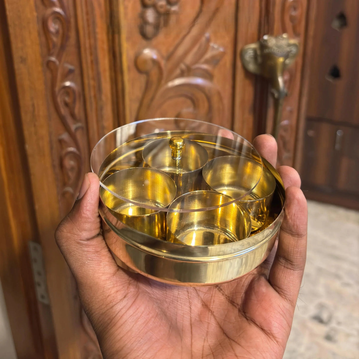 Brass Haldi Kumkum Box with 4 Containers-ArtyCraftz.com