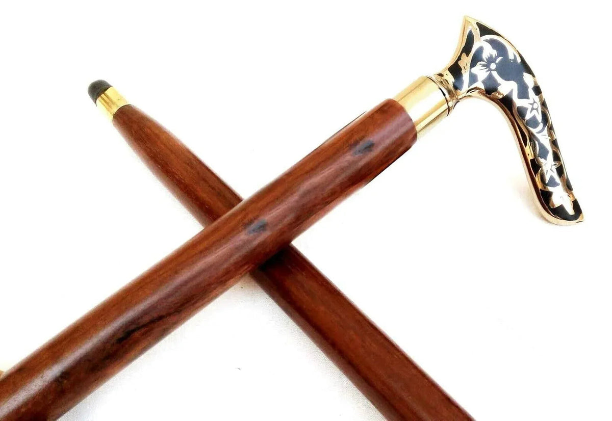 Brass Handle Wooden Walking Stick Cane 2 Fold - ArtyCraftz.com