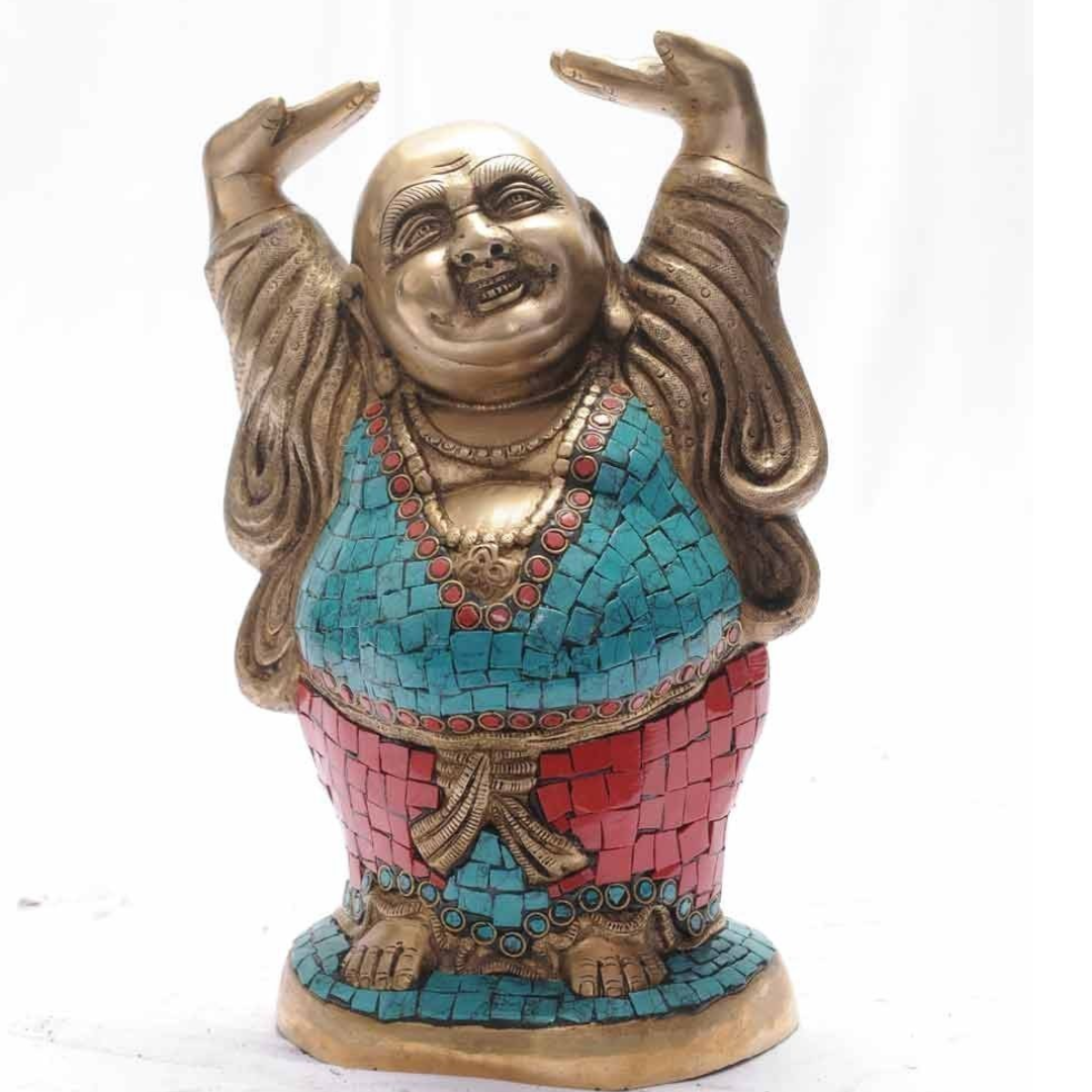Brass Happy (Laughing) Buddha with Beads and Stones Statue (11",) - ArtyCraftz.com