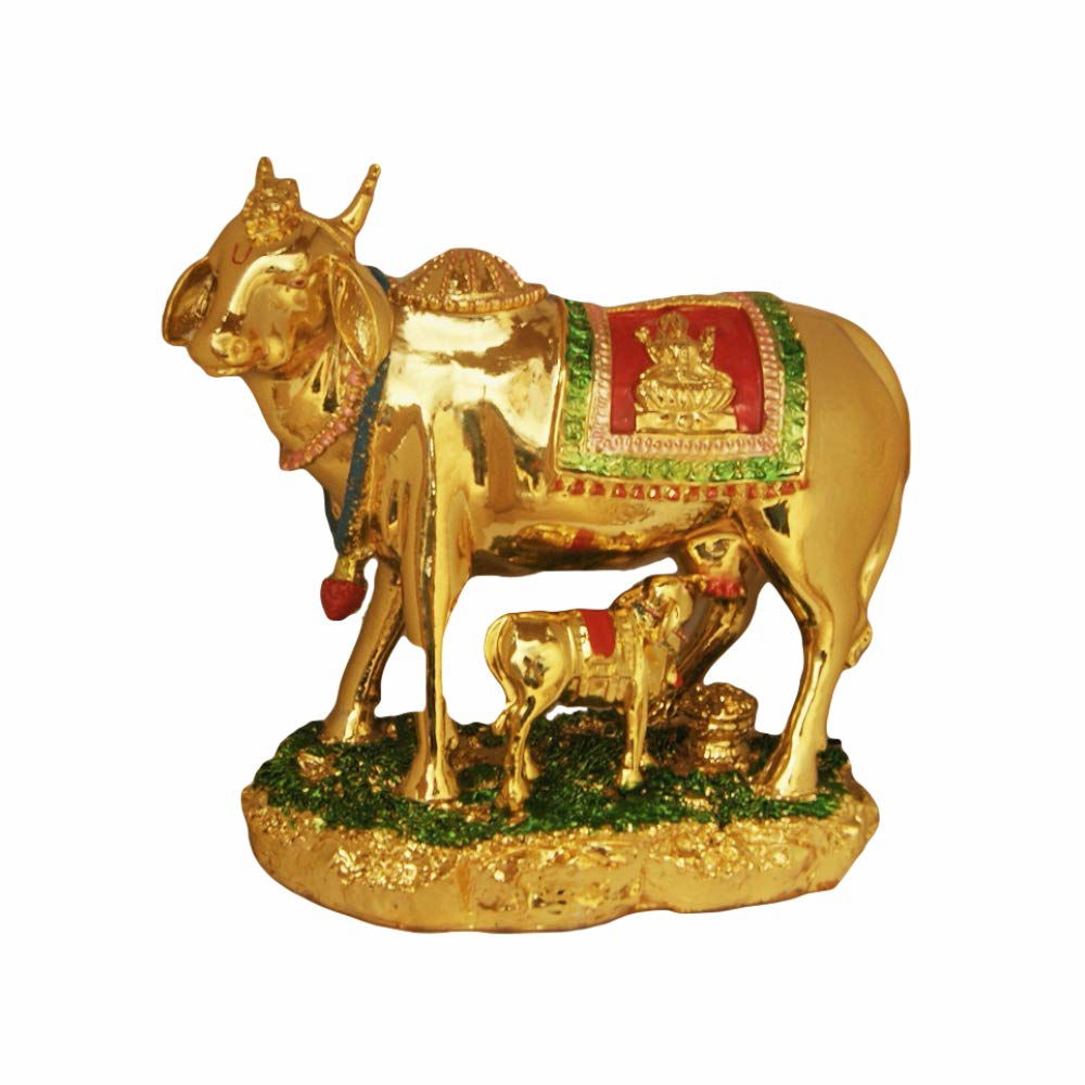 Brass Hindu Sri Kamdhenu Gayatri Wish Fulfilling Holy Cow with Calf Statue - ArtyCraftz.com