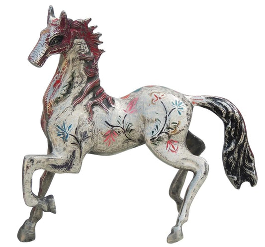 Brass Horse Statue with White Finish and Colorful Floral Patterns, 11 Inch-artycraftz.com