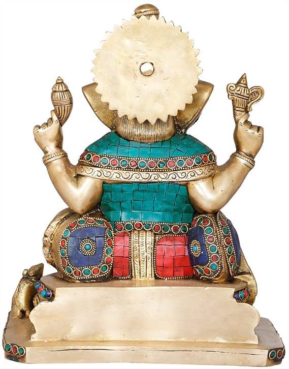 Large Brass Ganesh Idol with Stone Work – Multicolor Ganpati Statue (12.3 Inches)-ArtyCraftz.com