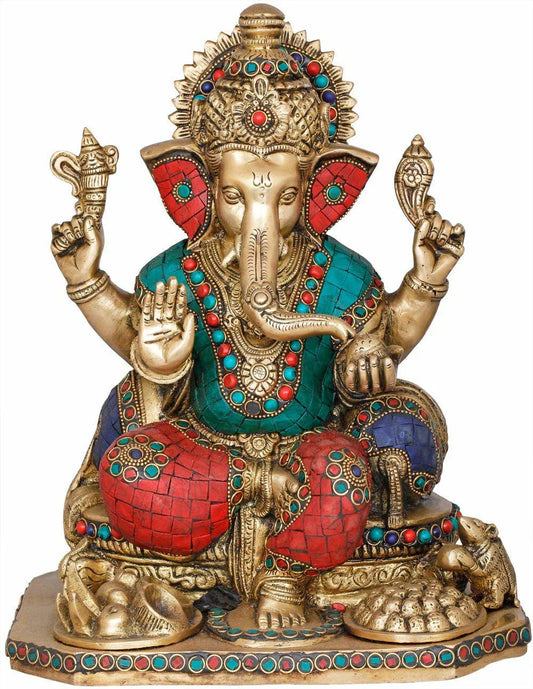 Brass Inlay Ganesha, Height 11 Height - ArtyCraftz.com