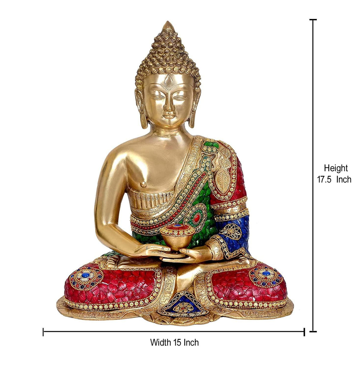 Brass Inlay Work Meditating Buddha Statue with Dimensions