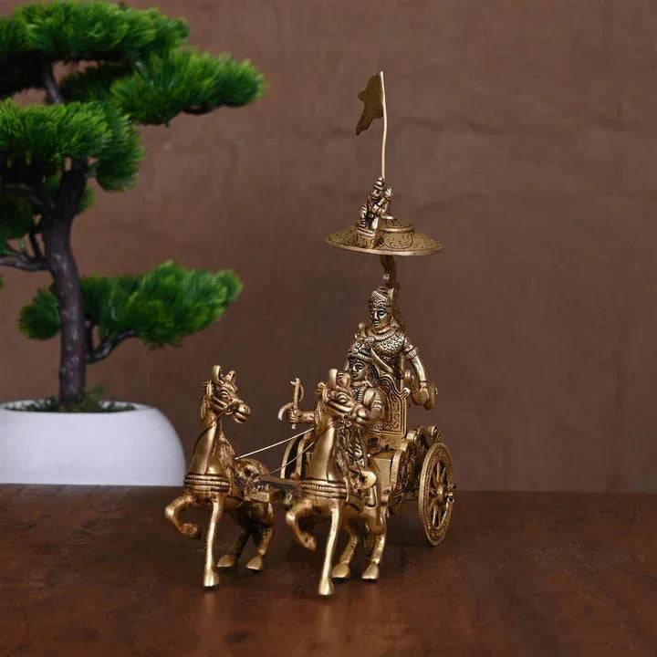 Handcrafted 9-inch solid brass Krishna and Arjuna chariot statue with four horses, Om flag, royal canopy and bow — iconic Kurukshetra Mahabharat scene — ArtyCraftz