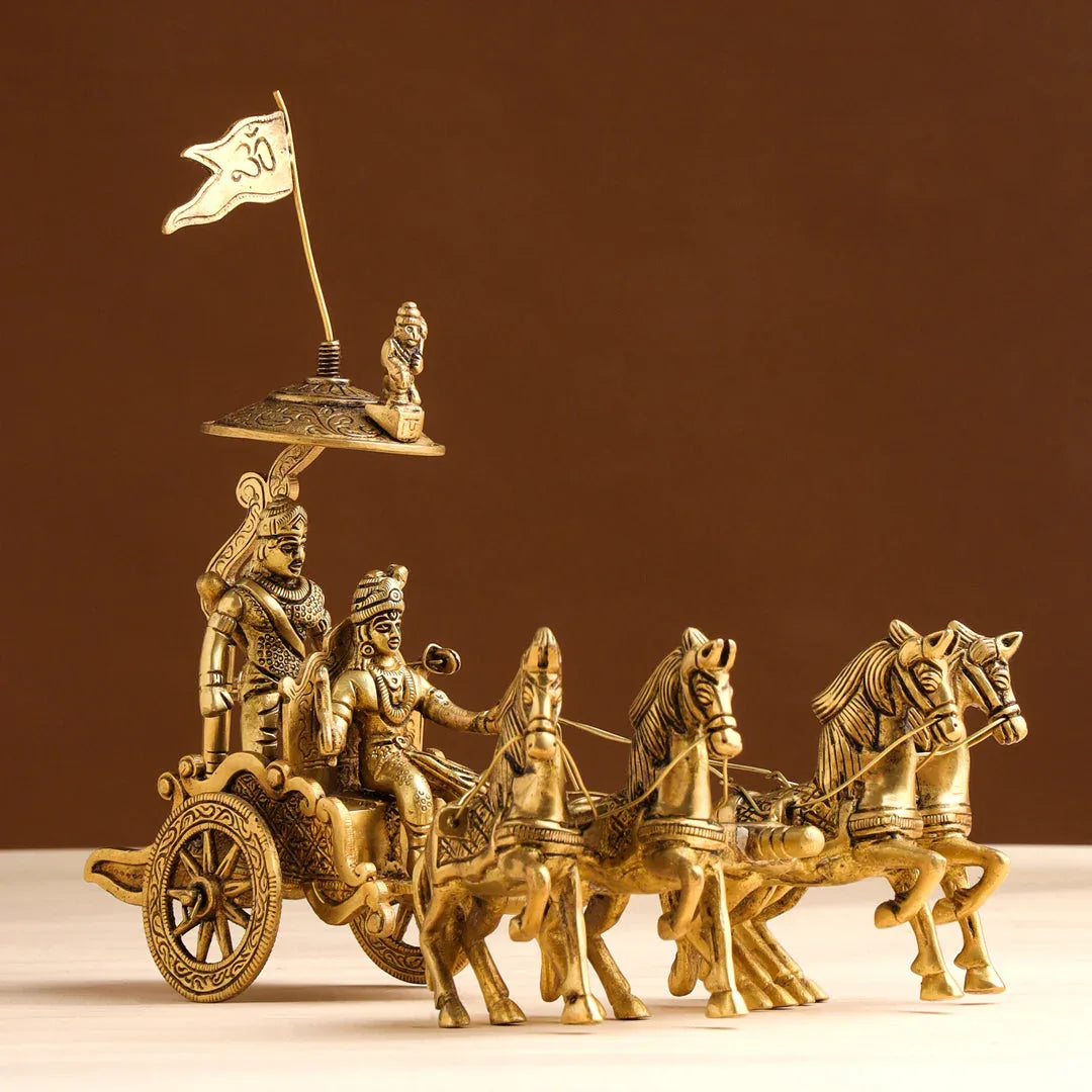 Handcrafted 9-inch solid brass Krishna and Arjuna chariot statue with four horses, Om flag, royal canopy and bow — iconic Kurukshetra Mahabharat scene — ArtyCraftz