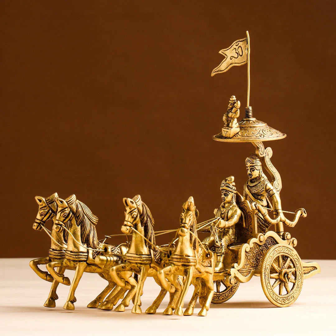 Handcrafted 9-inch solid brass Krishna and Arjuna chariot statue with four horses, Om flag, royal canopy and bow — iconic Kurukshetra Mahabharat scene — ArtyCraftz