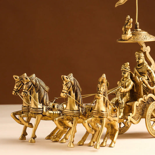 Handcrafted 9-inch solid brass Krishna and Arjuna chariot statue with four horses, Om flag, royal canopy and bow — iconic Kurukshetra Mahabharat scene — ArtyCraftz