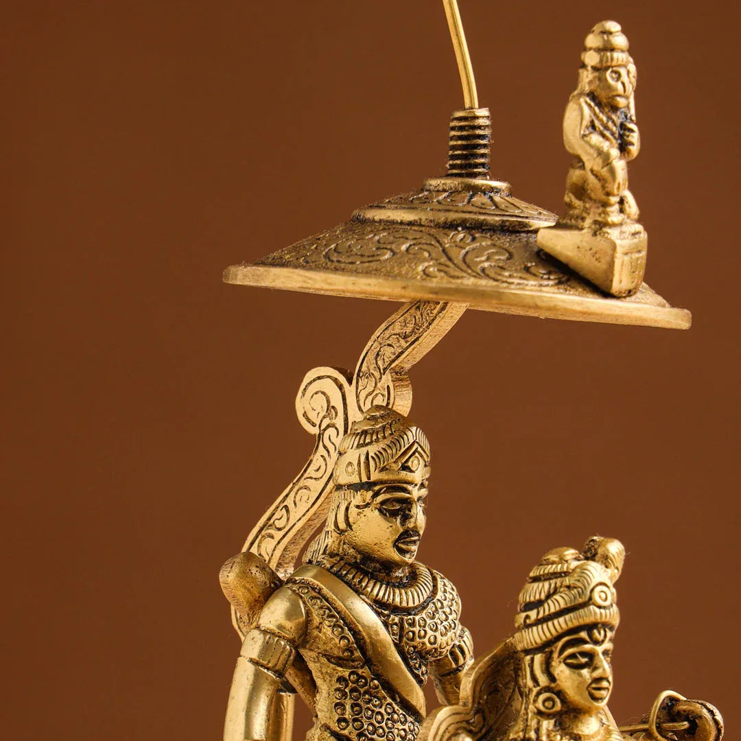 Handcrafted 9-inch solid brass Krishna and Arjuna chariot statue with four horses, Om flag, royal canopy and bow — iconic Kurukshetra Mahabharat scene — ArtyCraftz
