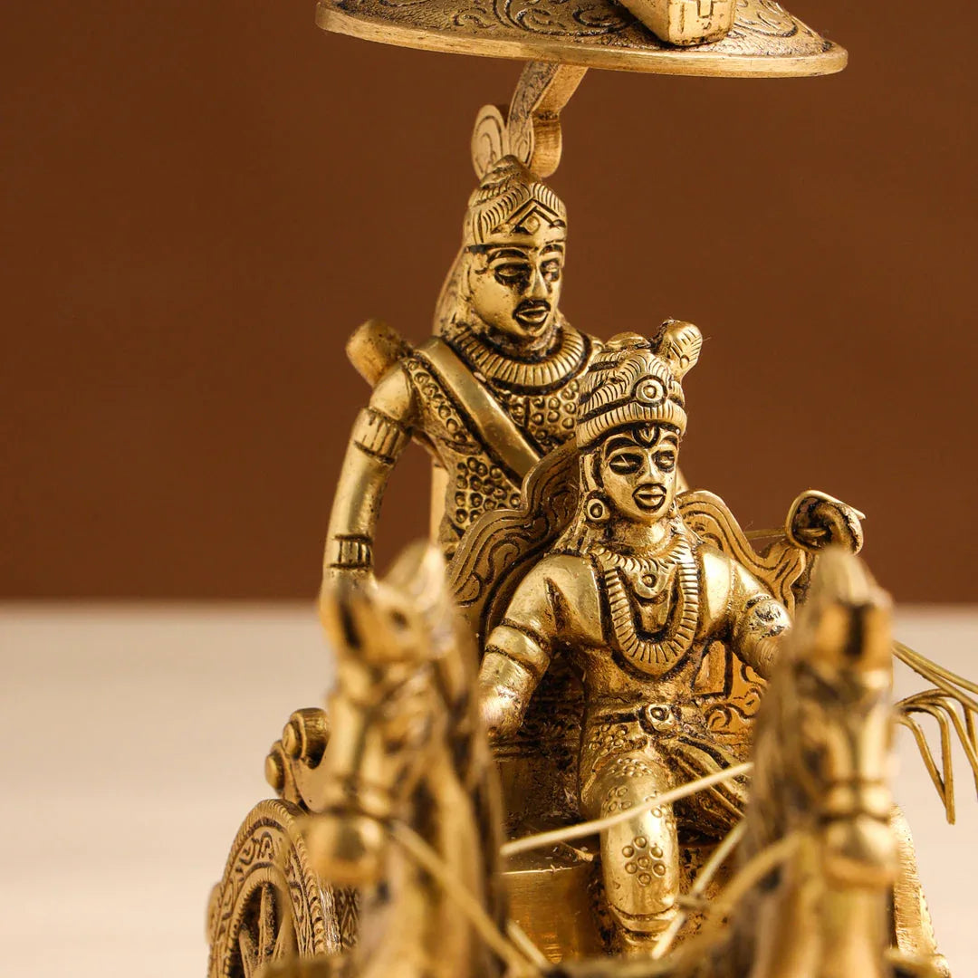 Handcrafted 9-inch solid brass Krishna and Arjuna chariot statue with four horses, Om flag, royal canopy and bow — iconic Kurukshetra Mahabharat scene — ArtyCraftz