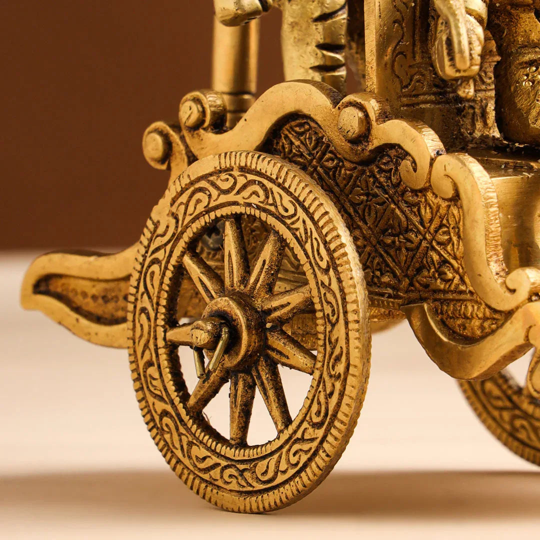 Handcrafted 9-inch solid brass Krishna and Arjuna chariot statue with four horses, Om flag, royal canopy and bow — iconic Kurukshetra Mahabharat scene — ArtyCraftz