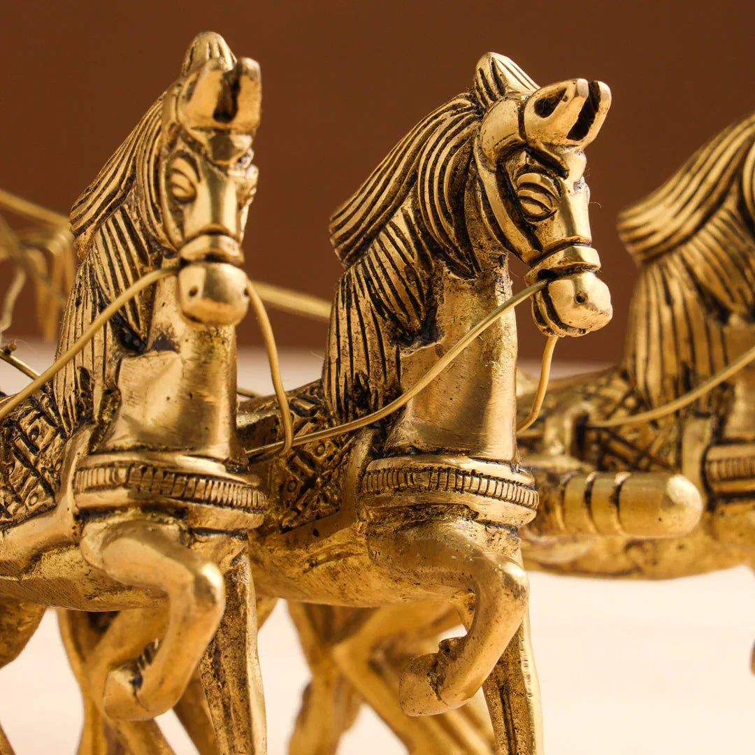 Handcrafted 9-inch solid brass Krishna and Arjuna chariot statue with four horses, Om flag, royal canopy and bow — iconic Kurukshetra Mahabharat scene — ArtyCraftz