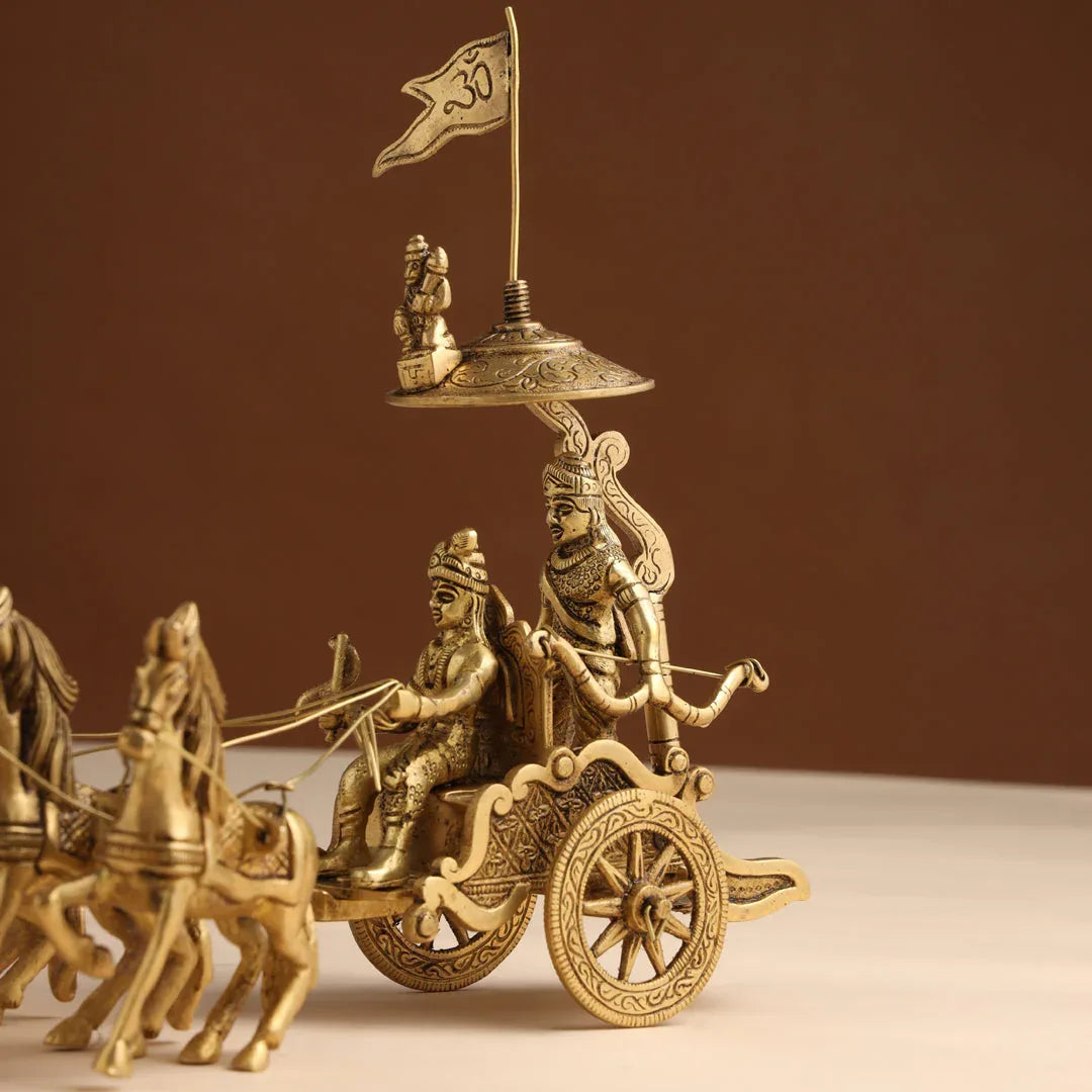 Handcrafted 9-inch solid brass Krishna and Arjuna chariot statue with four horses, Om flag, royal canopy and bow — iconic Kurukshetra Mahabharat scene — ArtyCraftz