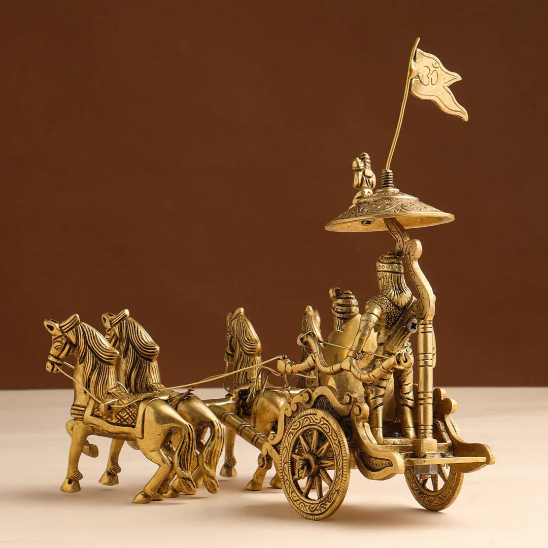 Handcrafted 9-inch solid brass Krishna and Arjuna chariot statue with four horses, Om flag, royal canopy and bow — iconic Kurukshetra Mahabharat scene — ArtyCraftz