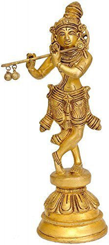 Brass Krishna Flute Playing Statue Height 8.5 inch - ArtyCraftz.com