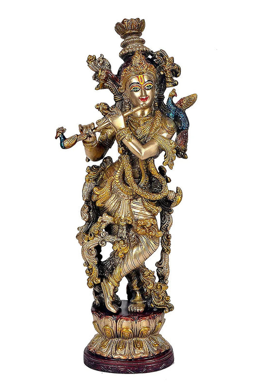 Brass Krishna 14 Inches Statue with Beautiful Carving and Fineness - ArtyCraftz.com