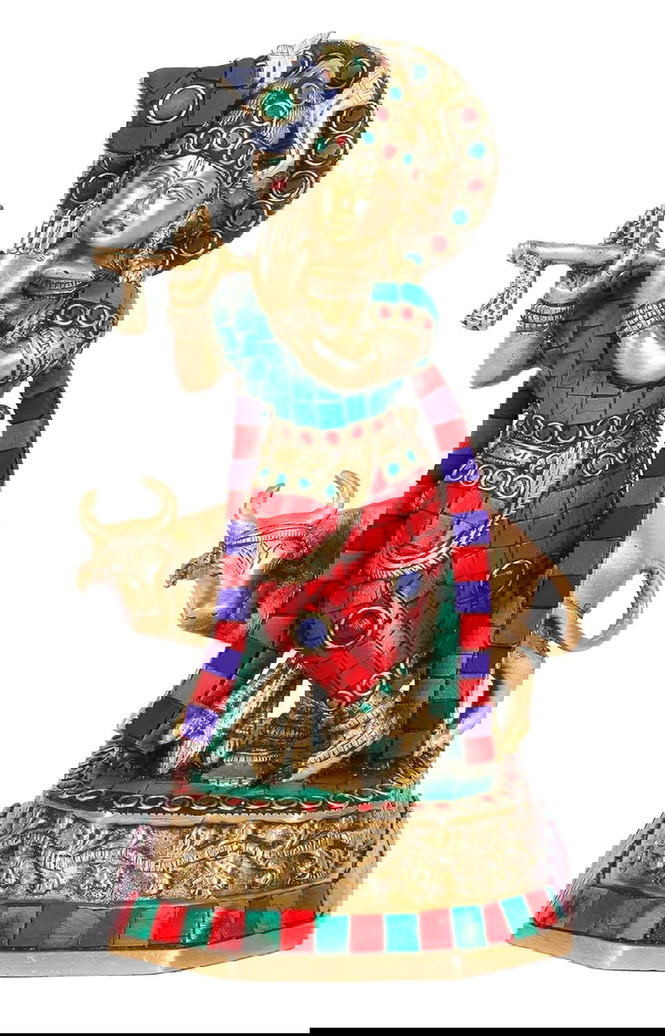 Brass Krishna Playing Flute Statue Turquoise Work Sculpture 10 Inches - ArtyCraftz.com