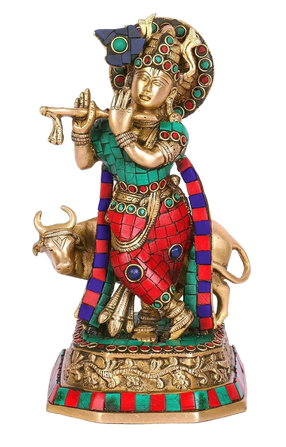 Brass Krishna Playing Flute Statue Turquoise Work Sculpture 10 Inches - ArtyCraftz.com