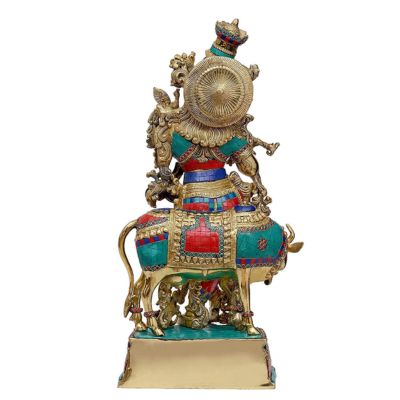 Brass Krishna with Cow inlay work Statue