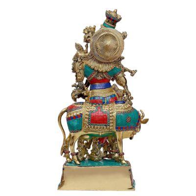 Large Brass Krishna with Cow Statue-ArtyCraftz.com