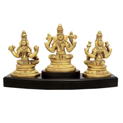 Brass Lakshmi Ganesha Saraswati Sitting on a Wooden Base-ArtyCraftz.com