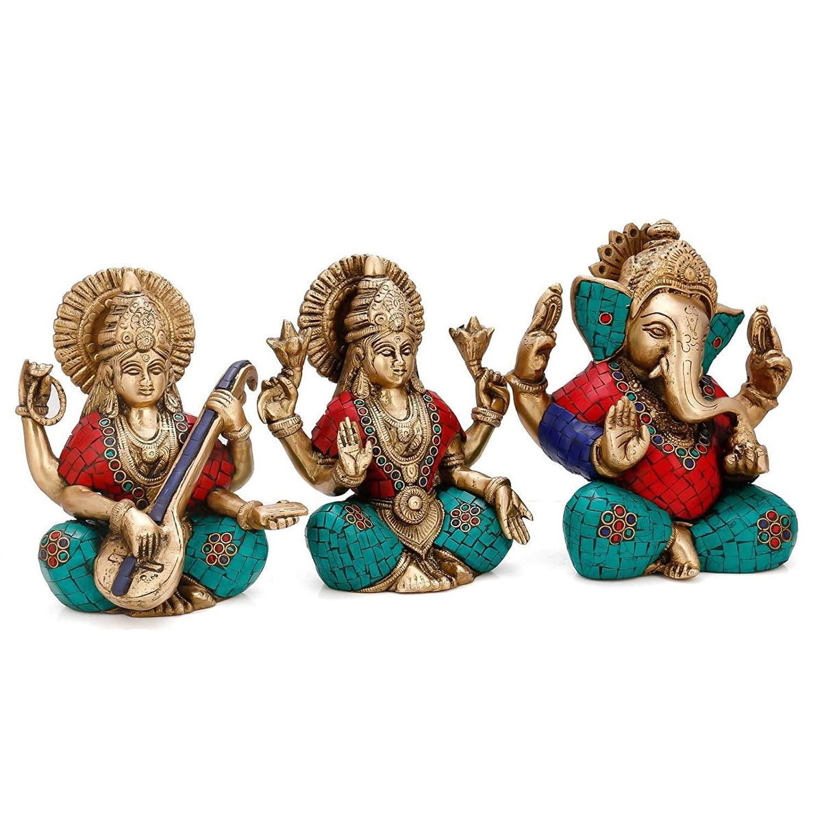 Brass Multi Color Lakshmi, Ganesha and Saraswati Statue