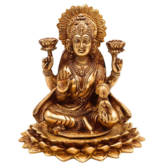 Brass Lakshmi on Lotus Base Statue-ArtyCraftz.com