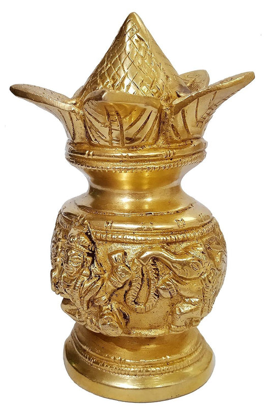 Brass Lakshmi with Elephants Engraved Kalash-ArtyCraftz.com
