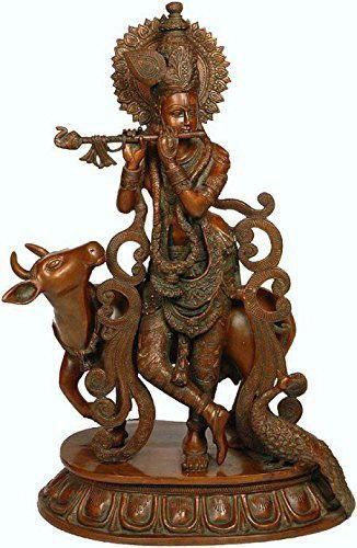 Krishna Playing Flute with Cow and Peacock 21 Inches Statue- ArtyCraftz.com
