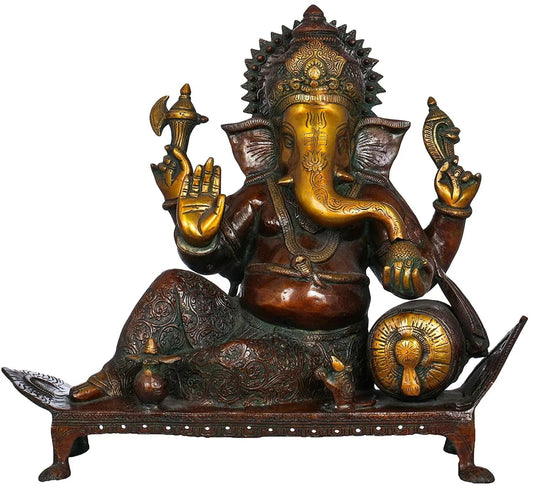Brass Lord Ganesha Seated Chowki Statue-ArtyCraftz.com