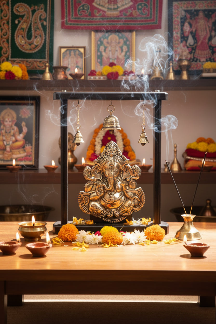 Brass Lord Ganesha Ganesh Murti Idol Statue with Bells Height 13.2 inches - ArtyCraftz.com