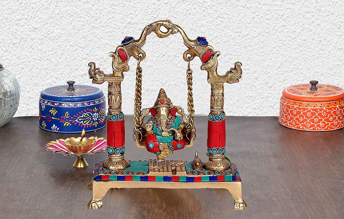 Brass Lord Ganesha Swing Idol Showpiece Home Decor Temple Multicolour Height 8.5 Inches - ArtyCraftz.com