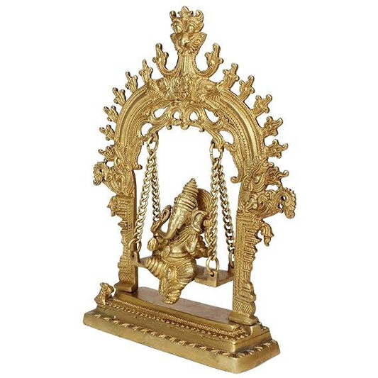 Brass Lord Ganesha on a Swing Idol, Gold - ArtyCraftz.com