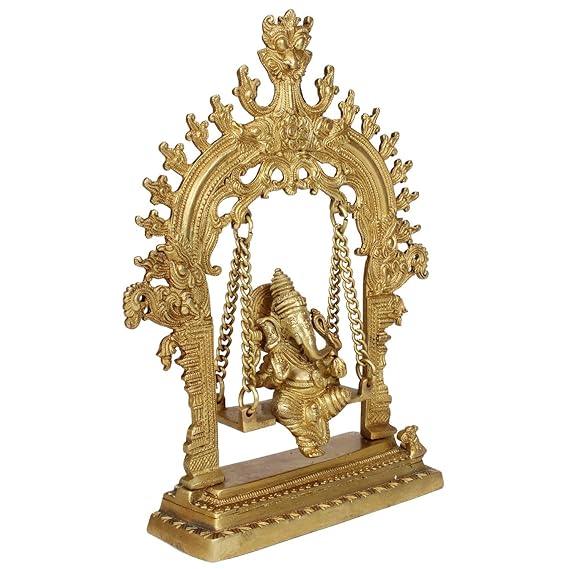 Brass Lord Ganesha on a Swing Idol, Gold - ArtyCraftz.com