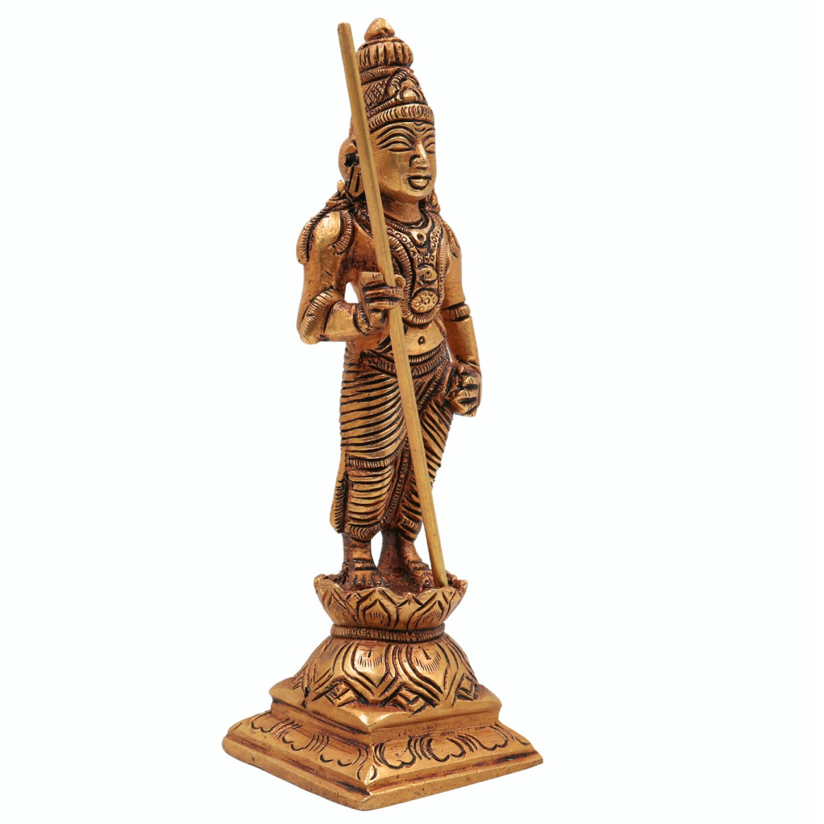 Brass Lord Murugan standing figurine holding Vel on a carved decorative pedestal, 15 cm tall.-artycraftz.com