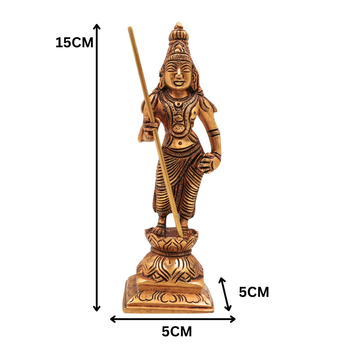 Brass Lord Murugan standing figurine holding Vel on a carved decorative pedestal, 15 cm tall.-artycraftz.com